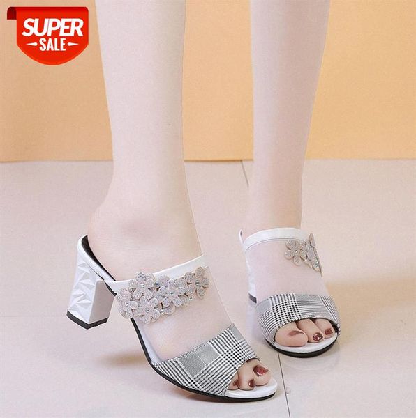 women's flower sandals and slippers korean style fish mouth fashion plaid thick heel mesh high heels #7o5c, Black